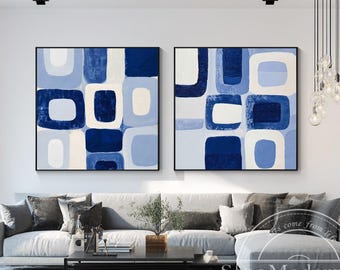 Set de 2 cuadros abstractos azules, arte geométrico moderno en lienzo, decoración minimalista para sala