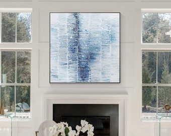 Blue Abstract Square Painting, Textured Acrylic Canvas, Hand-Painted Oversized Modern Wall Art for Living Room or Bedroom Decor