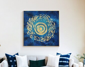 Gold Fish School Wall Art, Navy Blue Abstract Ocean Canvas Painting, Hand Painted Square Coastal Artwork, Large Modern Home Wall Decor