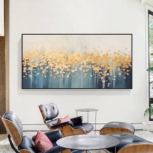 Navy Blue Gold Leaf Painting Abstract Blooming Flowers Art Shiny Original Painting Textured Wall Art Extra large Living Room Blue Wall Decor