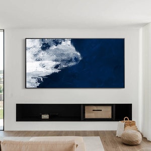 Large Navy Blue Silver Painting Rectangular Gray Modern Abstract Framed Wall Art hand-painted on Canvas Original painting Contemporary Art