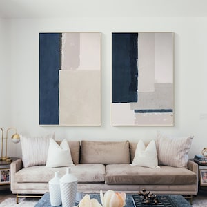 Set of 2 Gray Blue Abstract Painting Art 3D Texture Original Painting 2 Pieces Texture Art Home Extra Large Minimalist Abstract Wall Art