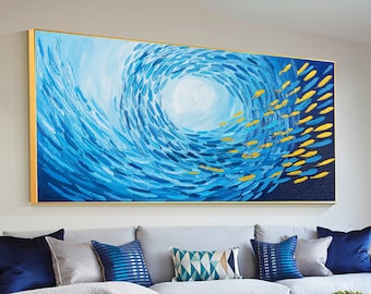 School of Fish Abstract Blue Painting, Horizontal Textured Canvas, Hand-Painted Original Oversized Wall Art for Living Room or Office