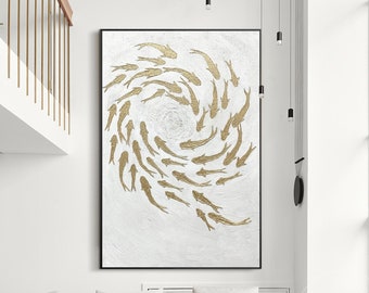 School of Fish Art Gold Fish Painting Textured Art Gold Fish Swim Circle Abstract Fish Art Original Painting On Canvas Large Framed Wall Art