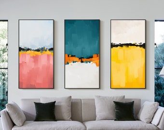 Set of 3 Dopamine Decor Pink Teal Yellow Abstract Art White Minimalist Painting Framed Wall Art Blue Original Painting 3 Piece wall art