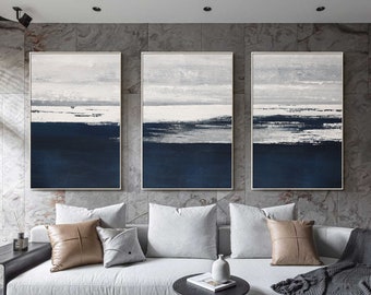 Set of 3 Dark Blue Abstract Art Silver Horizon Painting Navy Blue Original Acrylic Painting Minimalist Art Large Living Room Wall Decor