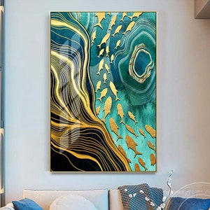 Frame Wall Art Modern Abstract Gold Fish Turquoise Teal Black Green Seascape Ocean Print Painting on Canvas Wall Art Printable Art Prints