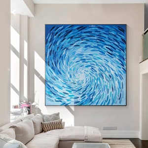 School of Fish Hand-Painted Wall Art Blue Fish Abstract Art Original Painting Swim in Circle Textured Fish Art Framed Wall Art