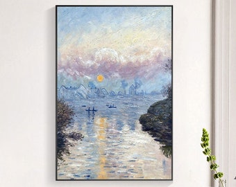 Oriental Sunset in the lake Painting Purple Blue Hand Painted Acrylic large canvas Painting River Boat Framed wall art Contemporary Art