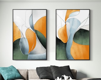 Set of 2 Minimalist Abstract Orange Green Blue Hand Painting Geometric Frame Wall Art Original Painting on Canvas aesthetic Large wall decor