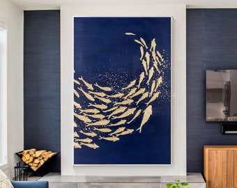 Gold Foil Fish Abstract Painting, Dark Blue 3D Textured School of Fish Canvas, Hand-Painted Large Framed Wall Art for Living Room