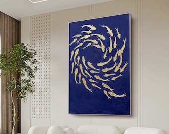 Gold Foil Fish Painting, Dark Blue Textured Abstract Art, Hand Painted School of Fish Canvas, Large Framed Ocean Wall Decor