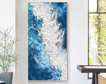 3D Textured Art Ocean Painting Teal Blue Abstract Wall Art White Sea Wave Original Painting On Canvas Thick Texture Blue Coastal Wall Art