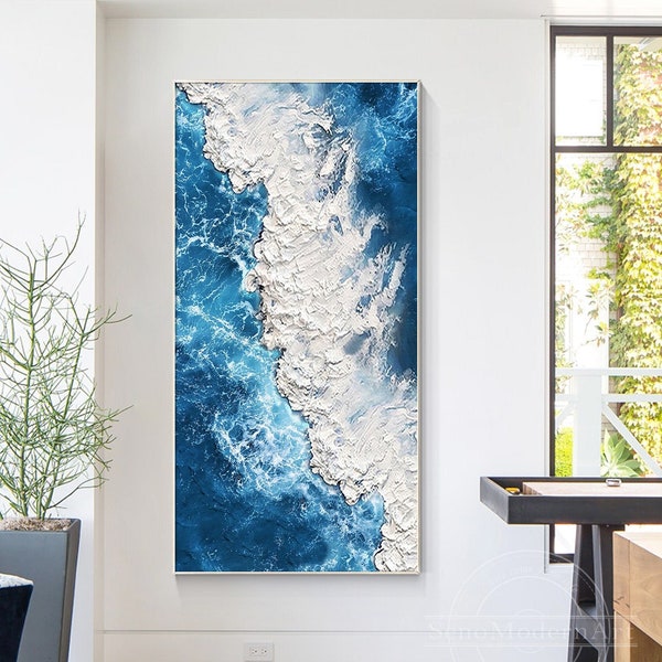 3D Textured Art Ocean Painting Teal Blue Abstract Wall Art White Sea Wave Original Painting On Canvas Thick Texture Blue Coastal Wall Art