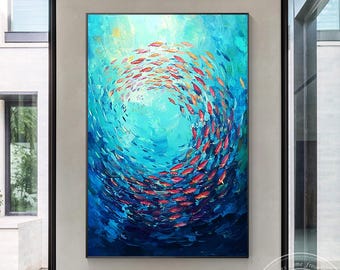 大きな魚の群れの油絵、手描きの水中アート、鮮やかな魚のアート、水中