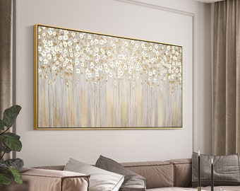 Gold White Flower Painting Gold Leaf Textured Wall Art Original Flower Painting On Canvas Framed Wall Art Living Room Large Wall Decor