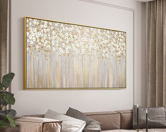 Gold White Flower Painting Gold Leaf 3D Textured Wall Art Original Flower Painting On Canvas Framed Wall Art Living Room Large Wall Decor