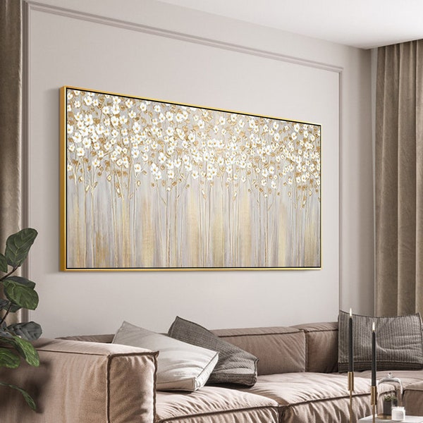 Goldweißes Blumengemälde, Blattgold, strukturierte Wandkunst, Original-Blumengemälde auf Leinwand, gerahmte Wandkunst, Wohnzimmer, große Wanddekoration