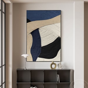 Dark Blue Abstract Art Navy Blue Beige Minimalist Art 3D Textured Art ...