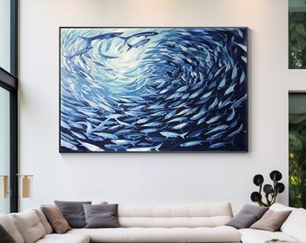 School of Fish Painting: Textured Ocean Art, Marine Wall Decor
