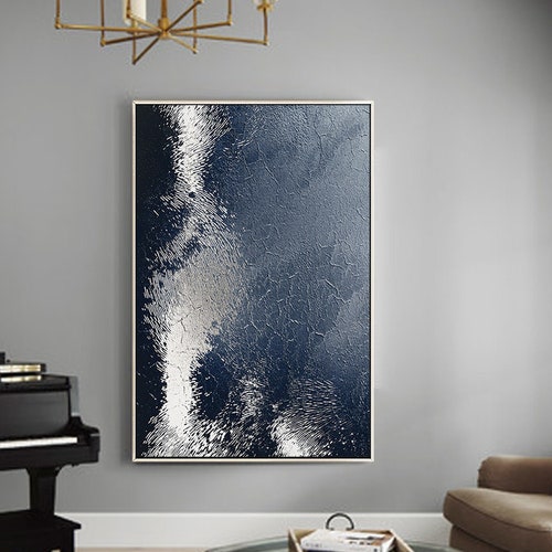 Navy Blue Silver Painting Minimalist Abstract Framed Wall Art Etsy