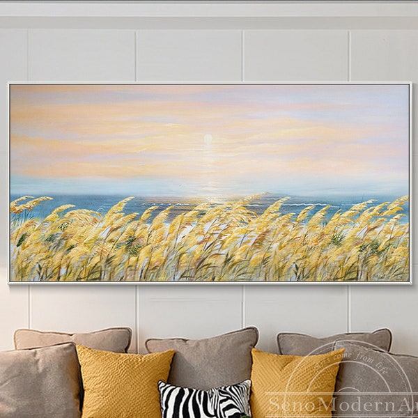 Countryside Coastal Painting Yellow Wheat Sunset Sea Landscape Framed wall art Impressionist hand painted extra large Aesthetic room decor