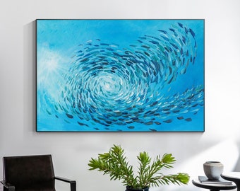 魚の群れを描いた壁掛け抽象画、鮮やかな魚の群れのアート、額装された
