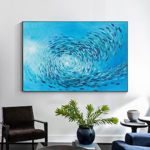 School of Fish Painting Swimming Fish,Textured Abstract Painting On Canvas,Underwater Art,fish Marine,fish swirl Horizontal Coastal Decor