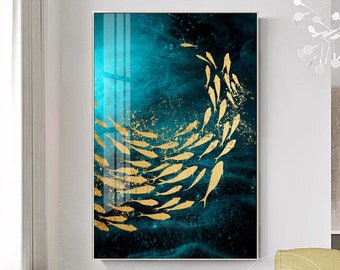 魚群アート 金魚の絵画 抽象的な魚 額入り壁アート 手描きの魚のアート