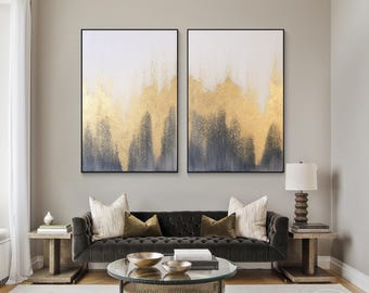Juego de 2 cuadros abstractos de lujo en dorado y azul oscuro: lienzo extragrande pintado a mano para sala de estar, oficina e interiores modernos.