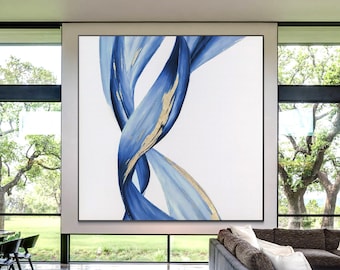 Cuadro abstracto de cinta pintado a mano, pintura sobre lienzo azul y dorado, lujosa obra de arte abstracta contemporánea, decoración moderna de gran tamaño para el hogar.