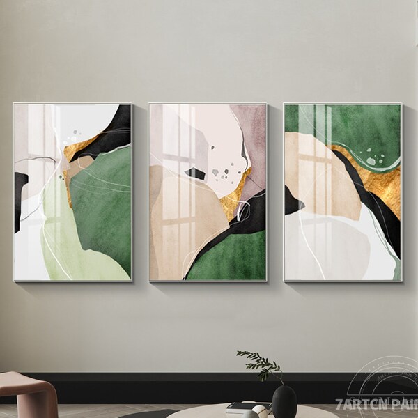 Set of 3 Frame Wall Art Abstract Geometric Gold Green Pink Black and White Acrylic Painting on Canvas Wall Art Large Wall Art Gold Painting