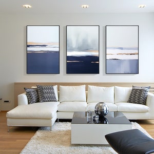 Navy Blue Gold Abstract Ocean Painting On Cnavas 3 Pieces Wall Art Set Coastal Sea Wall Art Set of 3 Living Room Bedroom Large Size Wall Art