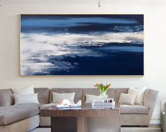 Blue Ocean Painting, 3D Textured Abstract Coastal Wall Art, Hand Painted Canvas, Large Horizontal Seascape Decor for Living Room