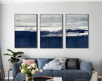Set of 3 Framed Wall Art Abstract Silver Navy Blue Acrylic Original Painting on Canvas Blue Painting Extra Large Wall Art Huge Oversized Art