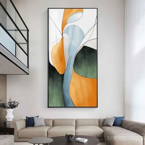 Abstract Geometric Orange Green Minimalist Painting on Canvas Vertical Extra Large Wall Art Organic ,Mid-Century Modern Colorful Wall Art