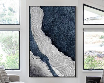 Arte strutturata grigio blu scuro Arte dell'oceano blu navy Pittura astratta Fiume Pittura originale su tela Decorazione da parete costiera di grandi dimensioni