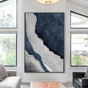 Dark Blue Gray White Textured Art,Navy Blue Ocean Art Abstract Painting River Painting on Canvas Coastal Wall Art Large Vertical Wall Decor
