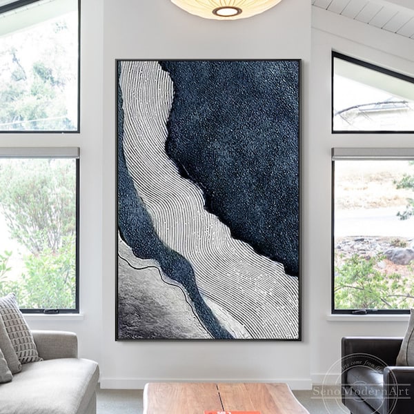 Dark Blue Gray Textured Art Navy Blue Ocean Art Abstract Painting River Original Painting on Canvas Coastal Wall Art Large Size Wall Decor