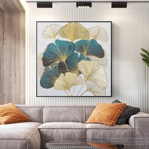 Green and Gold Ginkgo Leaf Wall Art,Hand Painted Botanical Canvas Art,Gold Foil Ginkgo Leaf Canvas, Emerald Green Wall Decor,Framed Painting