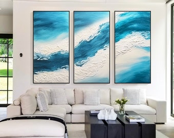 Blue Abstract Ocean Wave Painting Set of 3, Coastal Seascape Wall Art, Hand Painted Canvas, Large Modern Ocean Decor, Custom Size Wall Art