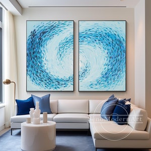 School of Fish Art Set of 2 Textured Blue Fish Original Abstract Painting Swimming Sea Fish Marine Animal Painting 2 Pieces Large Wall Decor