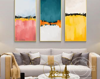 Set of 3 Teal Pink Yellow Abstract Painting BOHO Wall Decor Dopamine Wall Art Minimalist Painting Original Hand Paint Canvas Large Wall Art