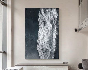 Textured Seascape Painting: Black and White Ocean Wave, Coastal Wall Art