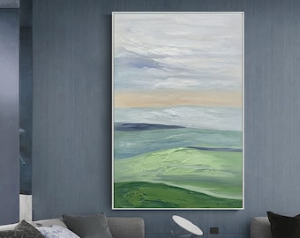 May include: Abstract landscape painting with a white, blue, and green color scheme. The painting features a series of rolling hills and a cloudy sky.