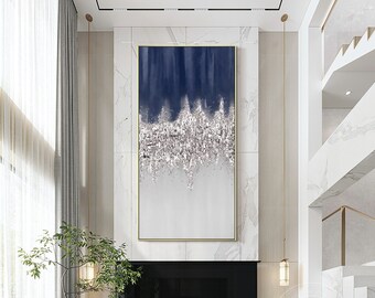 Dark Blue Silver gray Abstract oversize Wall Art Navy Blue Original Painting 3D Textured Art extra Large Vertical Wall decor Framed Wall Art