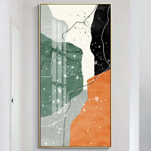Frame Wall Art Abstract Geometric Green Orange Green Grey shops Black and White Acrylic Painting on Canvas Large Wall Art Minimalist Painting