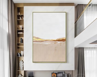 Boho Art Beige Minimalist Painting Beige White Abstract Framed wall art Brown Gold Leaf Painting Landscape Wall Decor Original Painting