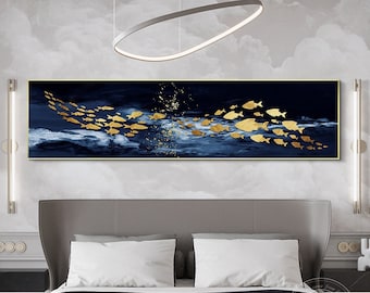 Navy Blue Hand Painted Abstract Gold Fish Painting Long Narrow Ocean Painting School of Fish Underwater Framed Wall Art Large Wall Decor