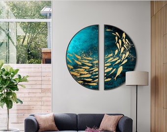 Set of 2 Gold Fish Round Painting Teal Blue Ocean Abstract Art Original Painting 2 pieces School of Fish Framed Wall Art Living Room Decor